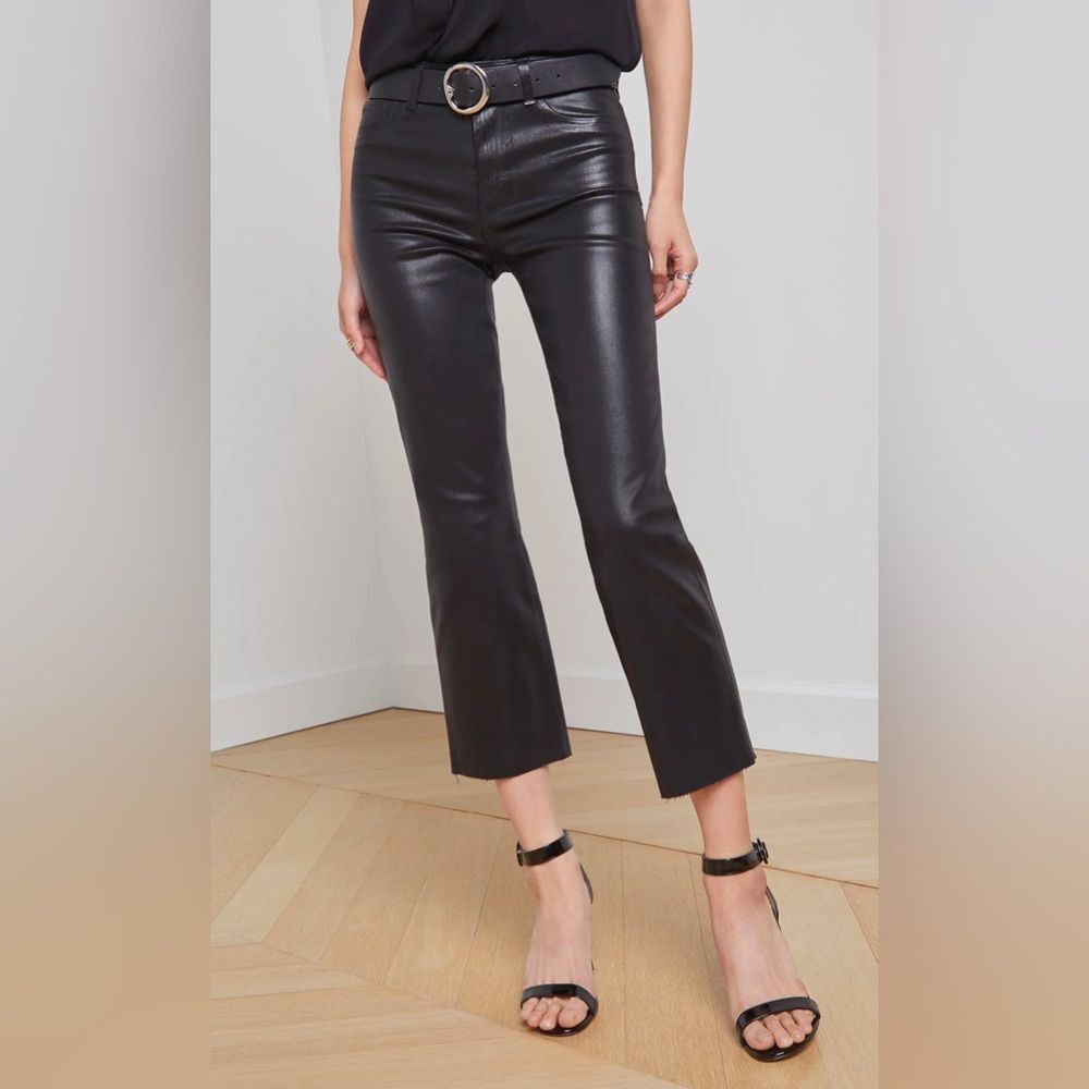 L’Agence Kendra High Rise Cropped Flare Jeans in Coated Noir N104-18